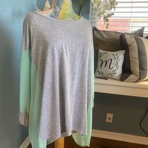 Mint green / gray top / sheer in back and sleeves